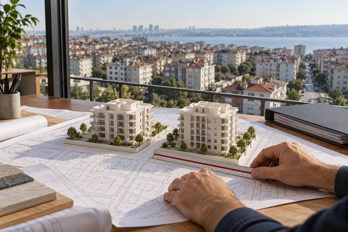 Komşu parsel maketlerini ve imar belgelerini inceleyen uzmanın temsili masa çalışması