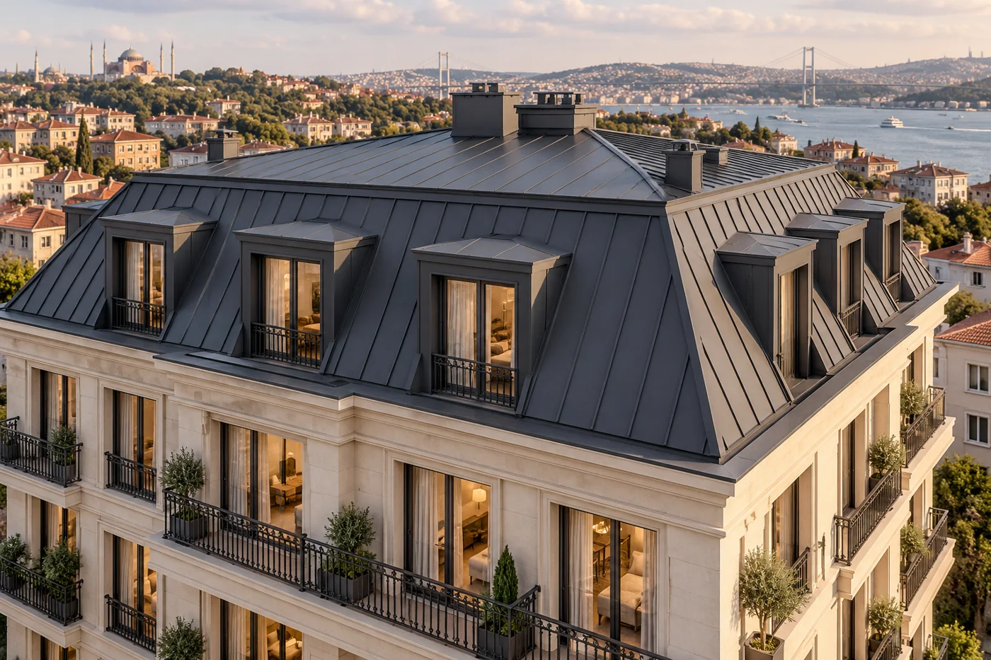 İstanbul’da mansart çatı ve çatı pencerelerini gösteren temsili mimari görsel