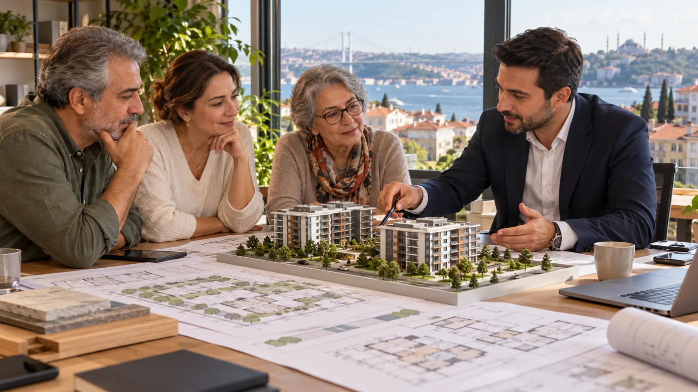 Maliklerin danışmanla bina maketi ve proje planlarını değerlendirdiği temsili toplantı